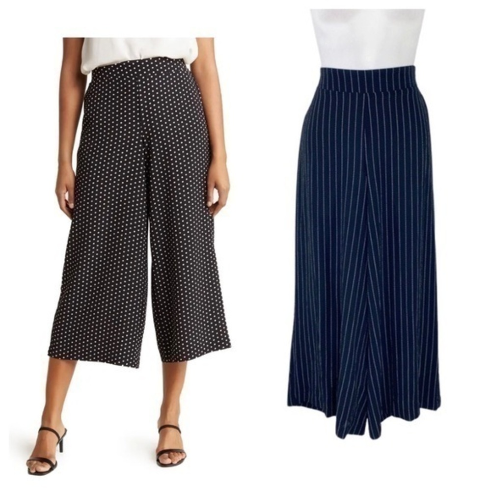 NWT Adrianna Papell Black Vertical Pinstripe Pull On Wide Leg Crop Pants Small S
